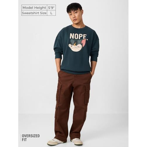 The Souled Store Official Tom & Jerry  Nope Men And Boys Long Sleeves Round Neck Cotton Blend Oversized Sweatshirts Blue