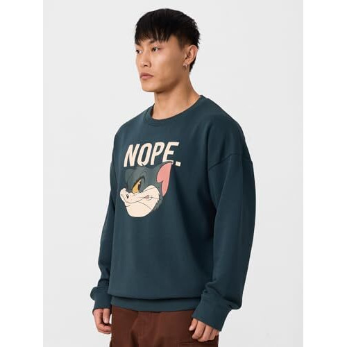 The Souled Store Official Tom & Jerry  Nope Men And Boys Long Sleeves Round Neck Cotton Blend Oversized Sweatshirts Blue