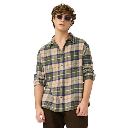 The Souled Store Plaid Shirt Mustard Men And Boys Long Sleeves Collared Neck Button Front Regular Fit Cotton Utility Shirts