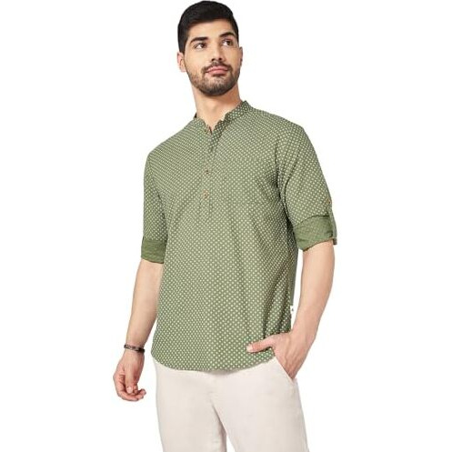 Indus Route By Pantaloons Men's Cotton Slub Regular Fit Short Kurta (110154722003_Desert Sage_L)
