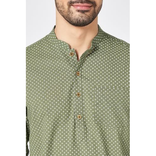 Indus Route By Pantaloons Men's Cotton Slub Regular Fit Short Kurta (110154722003_Desert Sage_L)