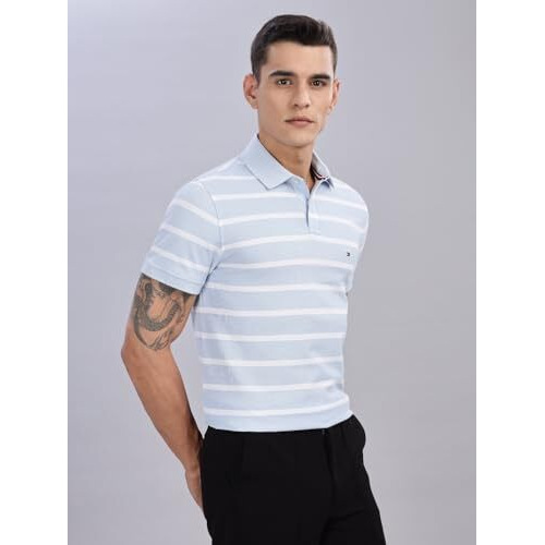 Tommy Hilfiger Striped Regular-Fit Cotton Polo T-Shirt Breezy Blue