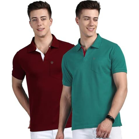Lux Cozi Men's Regular Fit Polo Neck Half Sleeve Solid Casual T-Shirt With Chest Pocket For Casual Wear_Cozi_2122_Mrn_Sgn_Xl_2Pc