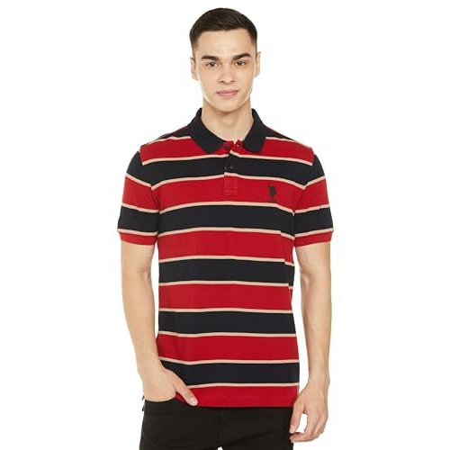 U.S. Polo Assn. Men's Horizontal Striped Slim Fit Cotton Polo Shirt (Ts024B_Red_M)