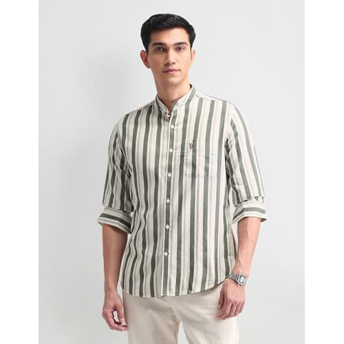 U.S. Polo Assn. Denim Co. Men's Striped Slim Fit Shirt (Udshtfx0325_Olive