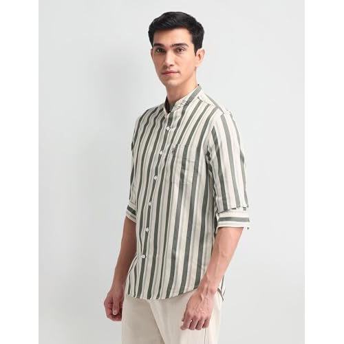 U.S. Polo Assn. Denim Co. Men's Striped Slim Fit Shirt (Udshtfx0325_Olive