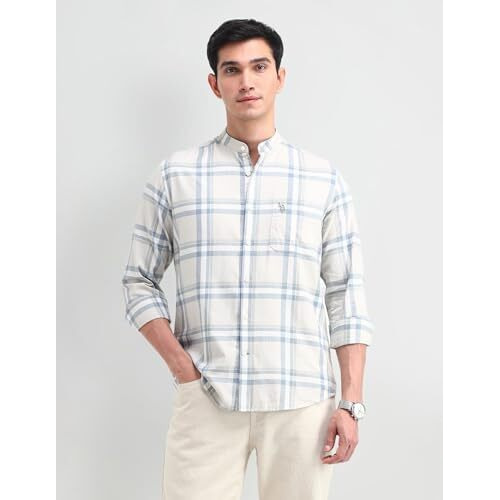 U.S. Polo Assn. Denim Co. Men's Checkered Slim Fit Shirt (Udshtfx0327_Beige