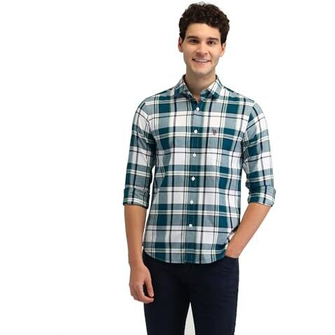 U.S. Polo Assn. Men's Checked Tailored Fit Shirt (Usshtfx0587_Teal