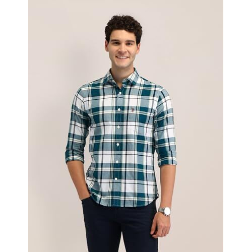 U.S. Polo Assn. Men's Checked Tailored Fit Shirt (Usshtfx0587_Teal