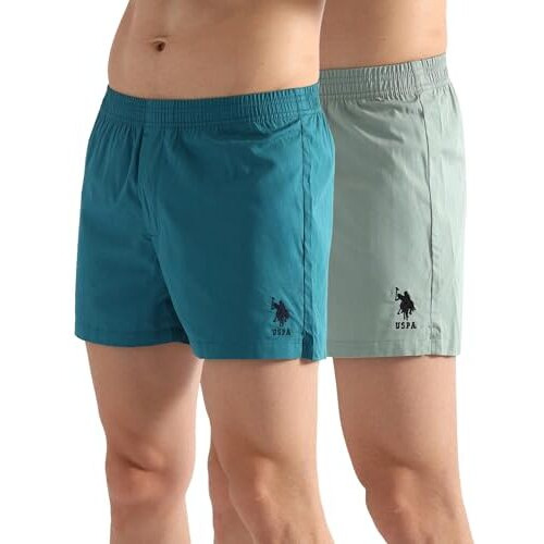 U.S. Polo Assn. Men's Pure Cotton Classic Solid Boxer Shorts (Pack Of 2) (Oex08-P2_Iceberg Green-Colonial Blue