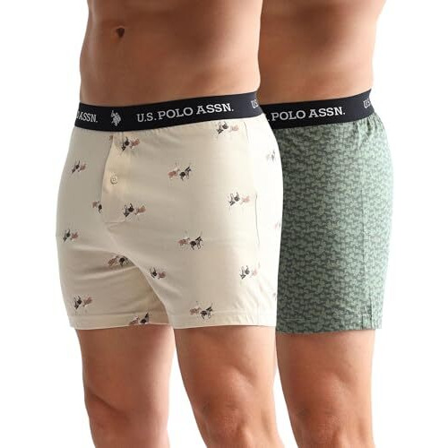 U.S. Polo Assn. Men's Pure Cotton Inner Boxer Shorts (Pack Of 2) (Oex09-P2_Beige-Green Bay