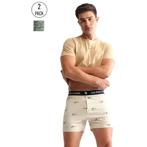 U.S. Polo Assn. Men's Pure Cotton Inner Boxer Shorts (Pack Of 2) (Oex09-P2_Beige-Green Bay
