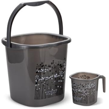 Nayasa Plastic Funk Sqr 2Pcs Bathroom Set | Bucket 25 L + Mug 1.5 L | Bathroom Set | Bath Set For Bathroom | Black