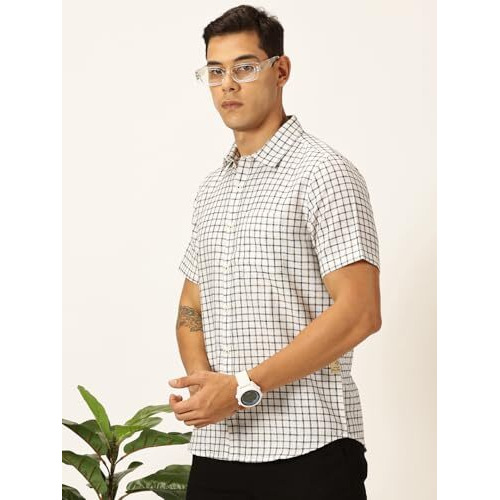 Thomas Scott Mens Cotton Linen Half Sleeves Checkered Casual Shirt (Ts1376_Black, L)