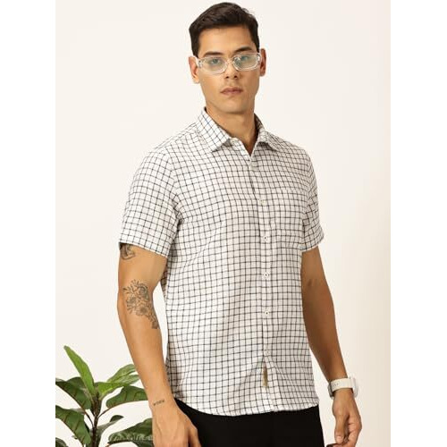 Thomas Scott Mens Cotton Linen Half Sleeves Checkered Casual Shirt (Ts1376_Black, L)