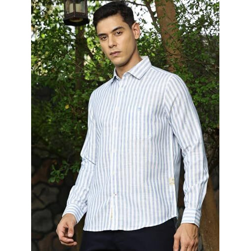 Thomas Scott Men Full Sleeves Slim Fit Spread Collar Stripes Casual Shirt (Blue, 2Xl)