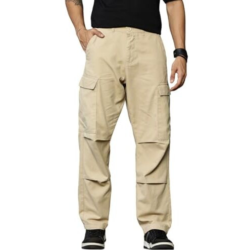 Thomas Scott Men 100% Cotton 5 Pocket Panelled Cargo Pants (Beige, 36)