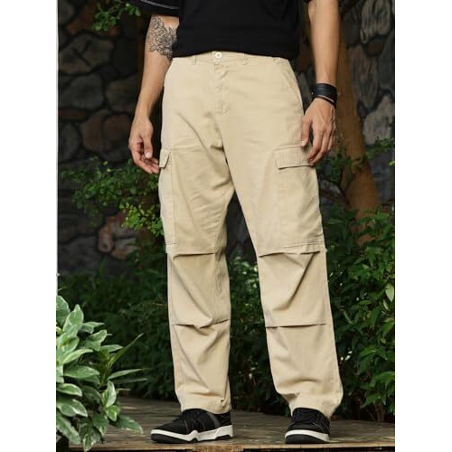 Thomas Scott Men 100% Cotton 5 Pocket Panelled Cargo Pants (Beige, 36)