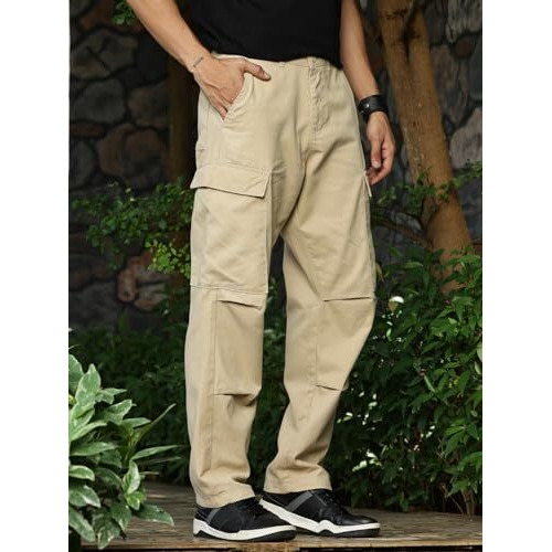 Thomas Scott Men 100% Cotton 5 Pocket Panelled Cargo Pants (Beige, 36)