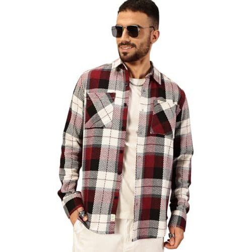 Thomas Scott Men's Oversized Fit Checkered Full Sleeves Casual Shirt (Maroon, Xl)