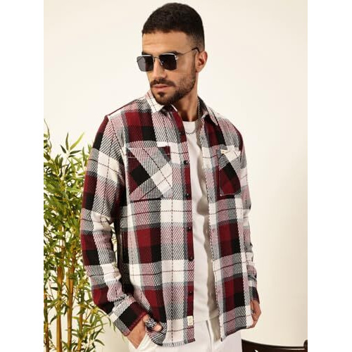 Thomas Scott Men's Oversized Fit Checkered Full Sleeves Casual Shirt (Maroon, Xl)