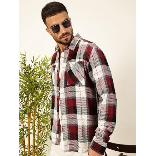 Thomas Scott Men's Oversized Fit Checkered Full Sleeves Casual Shirt (Maroon, Xl)