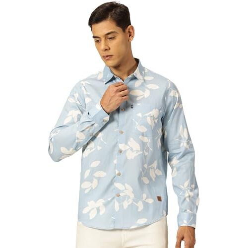 Thomas Scott Men 100% Cotton Full Sleeves Printed Casual Shirt (Blue, M)