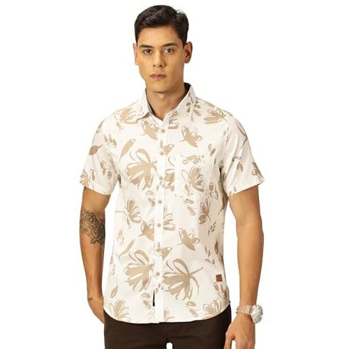 Thomas Scott Men Cotton Half Sleeves Printed Casual Shirt (White, L)