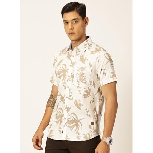 Thomas Scott Men Cotton Half Sleeves Printed Casual Shirt (White, L)