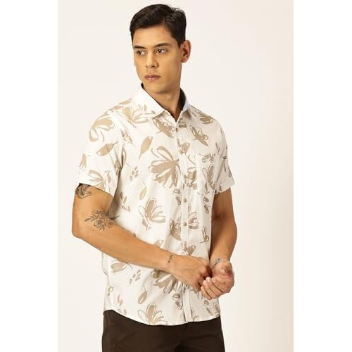Thomas Scott Men Cotton Half Sleeves Printed Casual Shirt (White, L)