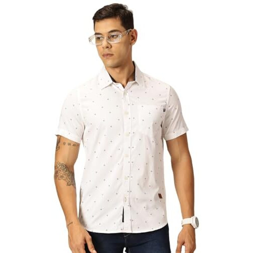 Thomas Scott Mens 100% Cotton Half Sleeves Printed Casual Shirt (Ts1543_White, L)