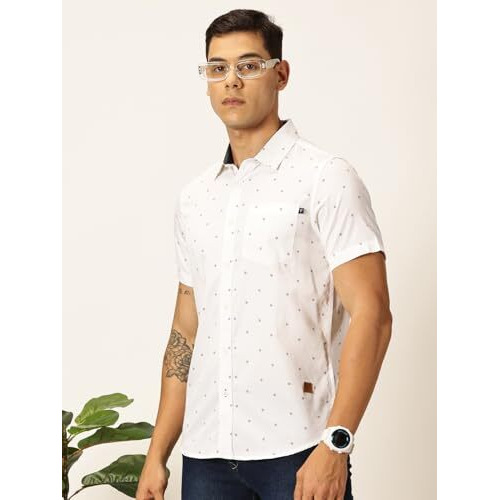 Thomas Scott Mens 100% Cotton Half Sleeves Printed Casual Shirt (Ts1543_White, L)