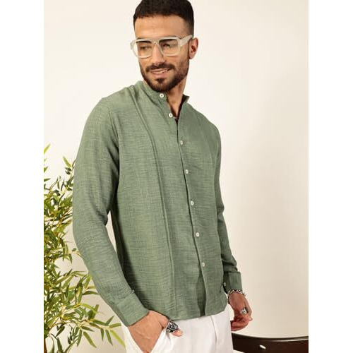 Thomas Scott Mens Linen Blend Mandarin Collar Full Sleeves Casual Shirt (Ts1418_Green, L)