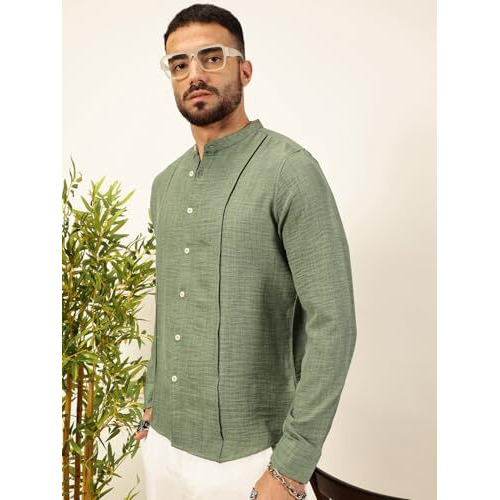 Thomas Scott Mens Linen Blend Mandarin Collar Full Sleeves Casual Shirt (Ts1418_Green, L)