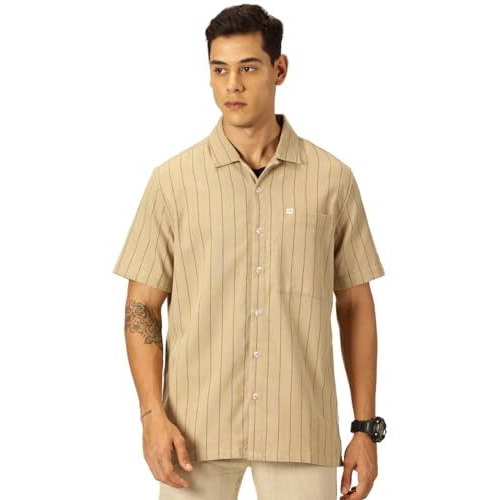 Thomas Scott Men Oversized Fit Half Sleeve Striped Casual Shirt (Ts1587-Beige, S)