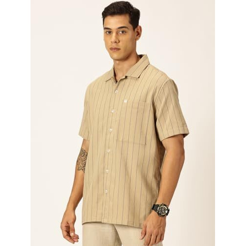 Thomas Scott Men Oversized Fit Half Sleeve Striped Casual Shirt (Ts1587-Beige, S)