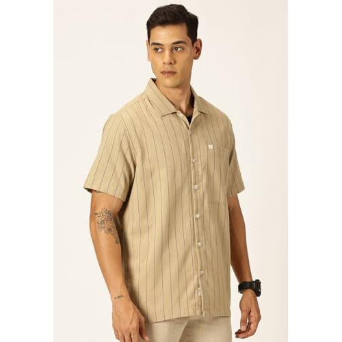 Thomas Scott Men Oversized Fit Half Sleeve Striped Casual Shirt (Ts1587-Beige, S)