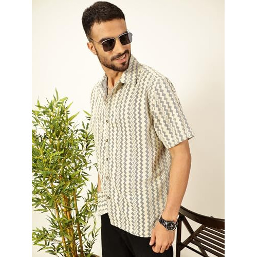Thomas Scott Mens Half Sleeves Cotton Blend Crochet Textured Shirt (Ts1447_Beige, L)