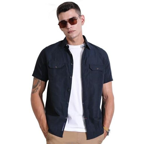 Thomas Scott Men's Linen Blend Half Sleeve Spread Collar Solid Casual Shirt(Ts1436_Navy_S)