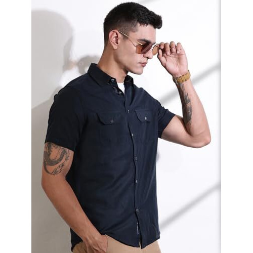 Thomas Scott Men's Linen Blend Half Sleeve Spread Collar Solid Casual Shirt(Ts1436_Navy_S)