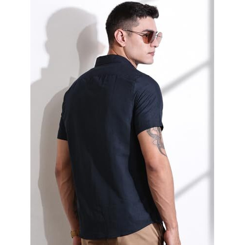 Thomas Scott Men's Linen Blend Half Sleeve Spread Collar Solid Casual Shirt(Ts1436_Navy_S)