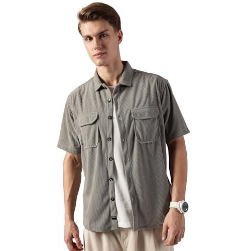 Thomas Scott Men's Regular Fit Half Sleeve Corduroy Casual Shirt(Ts1629_Grey_L)