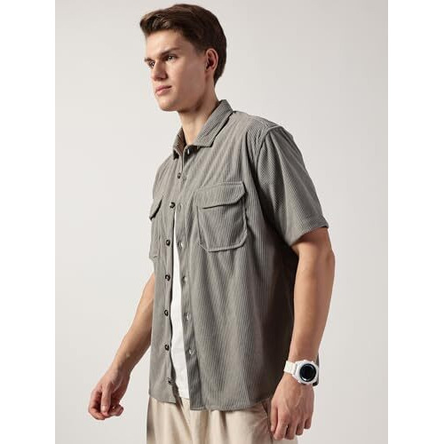 Thomas Scott Men's Regular Fit Half Sleeve Corduroy Casual Shirt(Ts1629_Grey_L)