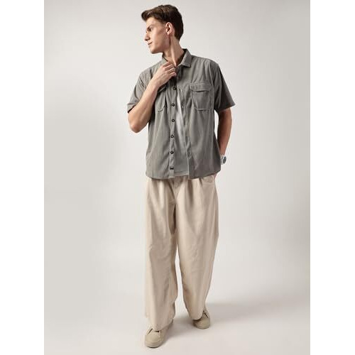 Thomas Scott Men's Regular Fit Half Sleeve Corduroy Casual Shirt(Ts1629_Grey_L)