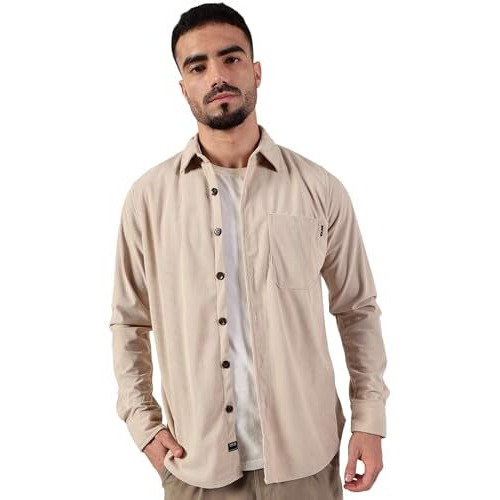 Thomas Scott Men's Spread Collar Long Sleeve Slim Fit Corduroy Casual Shirt(Ts1636_Beige_L)