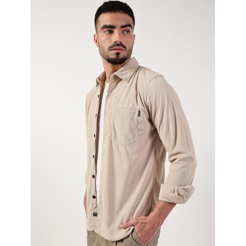 Thomas Scott Men's Spread Collar Long Sleeve Slim Fit Corduroy Casual Shirt(Ts1636_Beige_L)