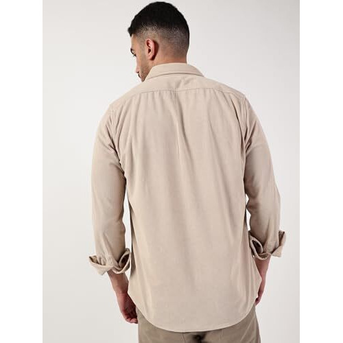 Thomas Scott Men's Spread Collar Long Sleeve Slim Fit Corduroy Casual Shirt(Ts1636_Beige_L)