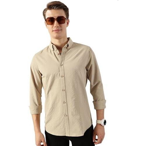 Thomas Scott Men's Button Down Collar Slim Fit Textured Casual Shirt(Ts1674_Beige_L)