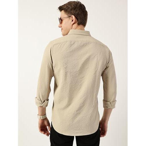 Thomas Scott Men's Button Down Collar Slim Fit Textured Casual Shirt(Ts1674_Beige_L)