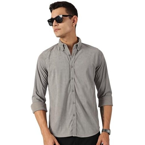 Thomas Scott Mens Slim Fit Corduroy Full Sleeves Casual Shirt (Ts1627_Grey, M)